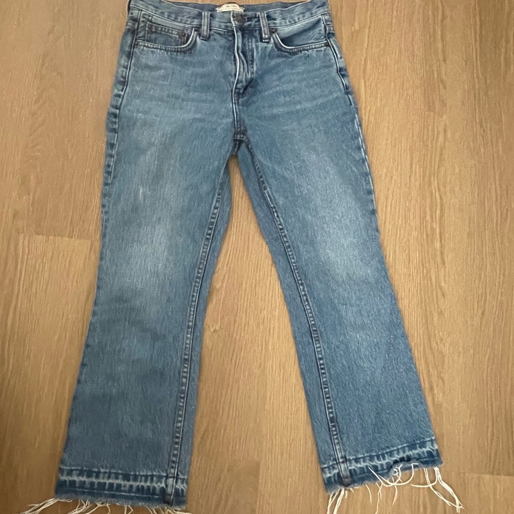 Free People Blue Flare Wide Leg Jeans with Frayed Hem